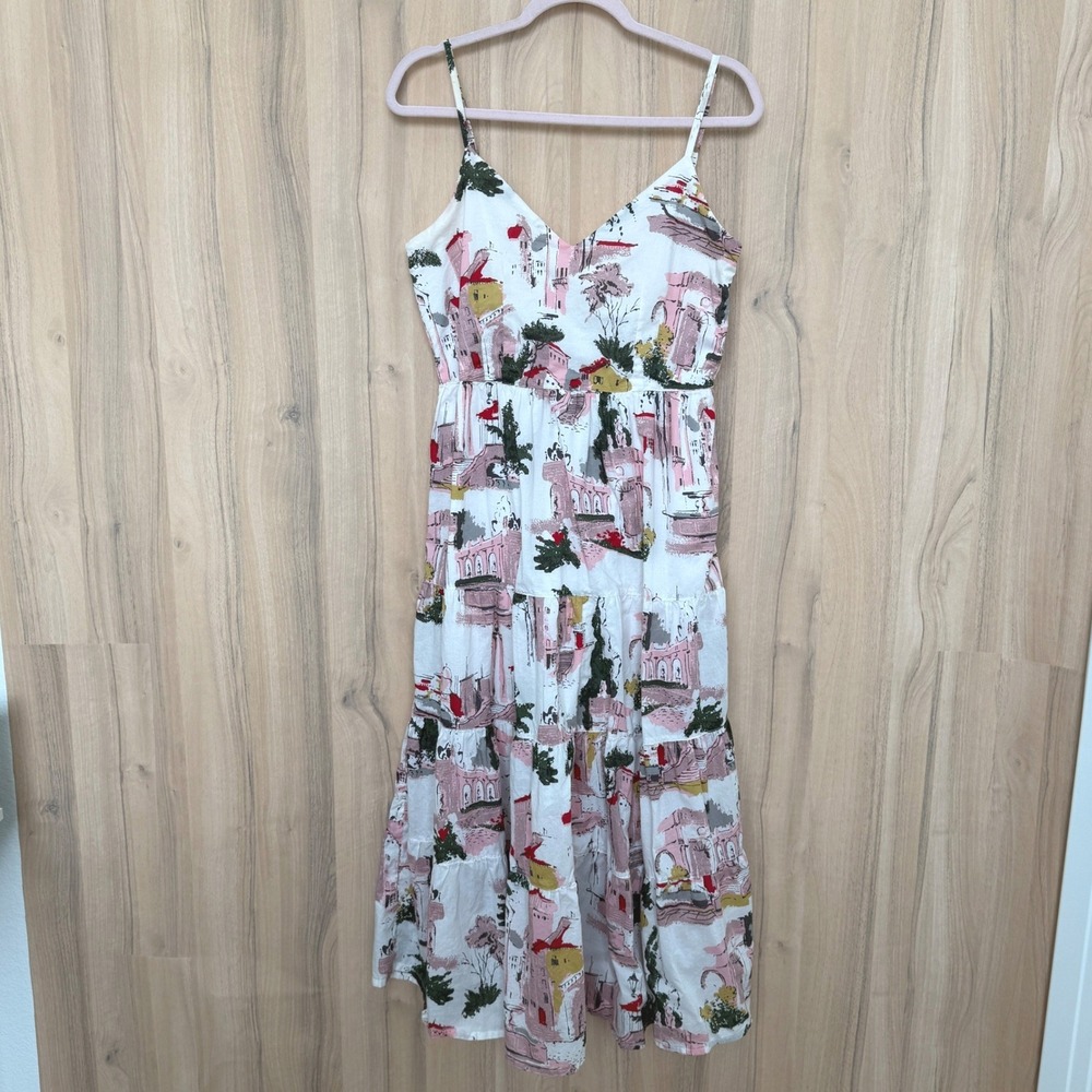 Lazybones‎ Cityscape Midi Dress Size M White Pink Cottage Coastal Euro Summer
